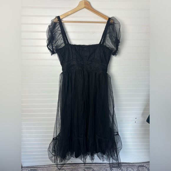 Lulus Flawless Aura Black Tulle Puff Sleeve Ruffled Midi Dress - Picture 7 of 9